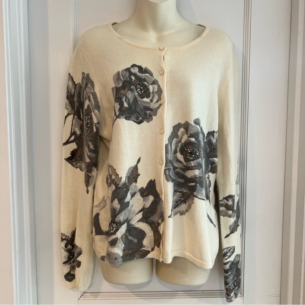 Casual Corner Womens Grey & Cream Floral Button Front Cardigan Size Large